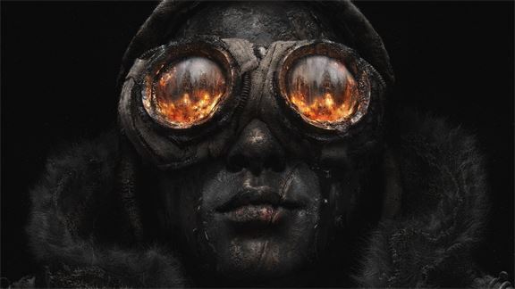 Post-apokalyptický charakter s hořícími brýlemi ve hře Frostpunk 2