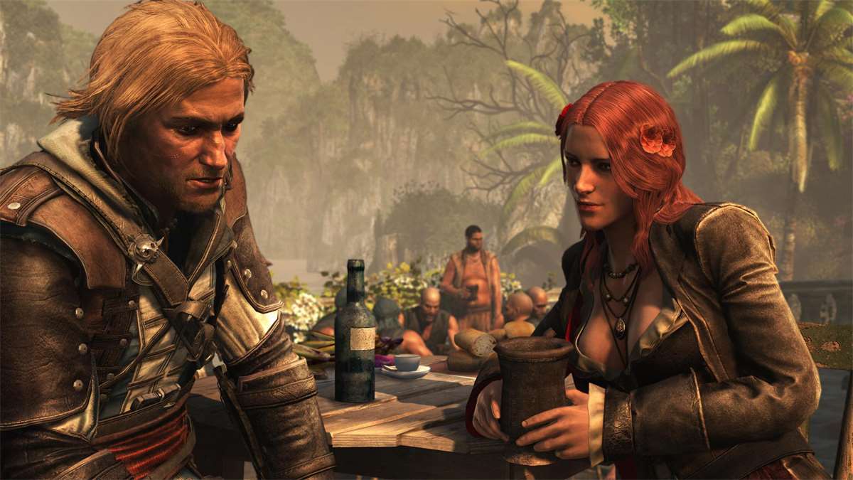 Edward Kenway sdílí nápoj s pirátskou společnicí.