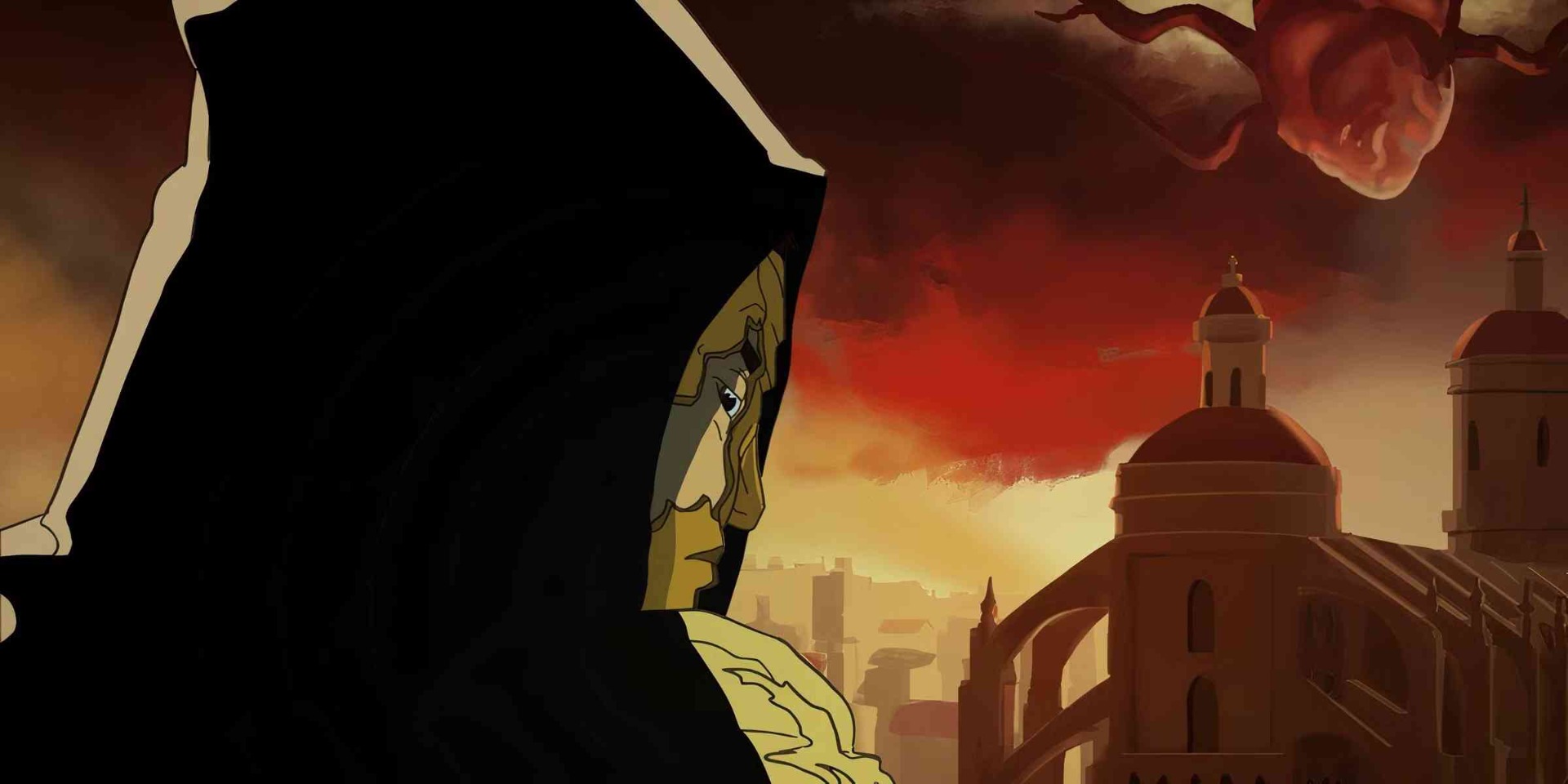 Dark figure with a fiery red sky in Blasphemous II art