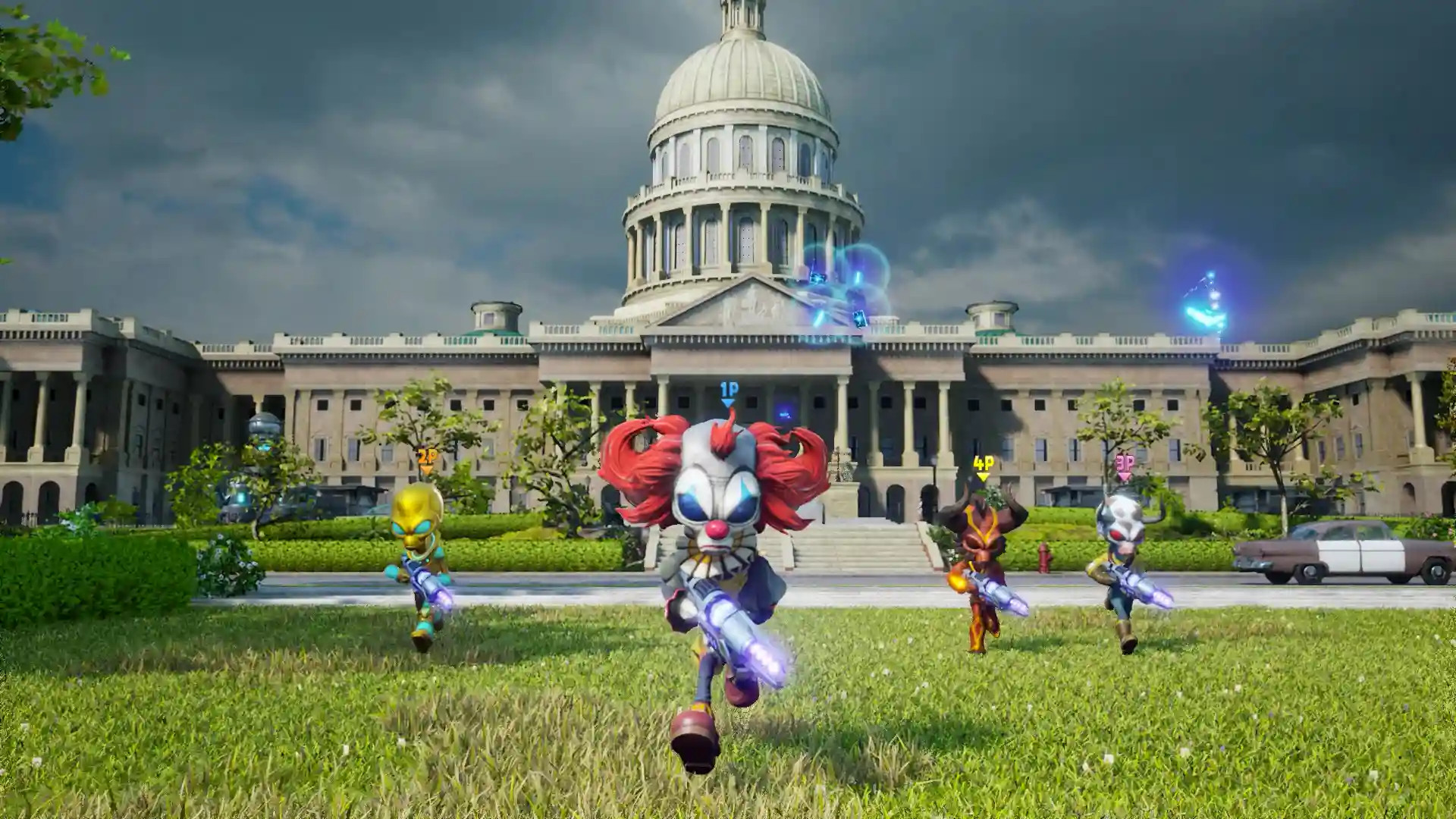 Postavy ze hry *Destroy All Humans! Remake* útočí u Kapitolu