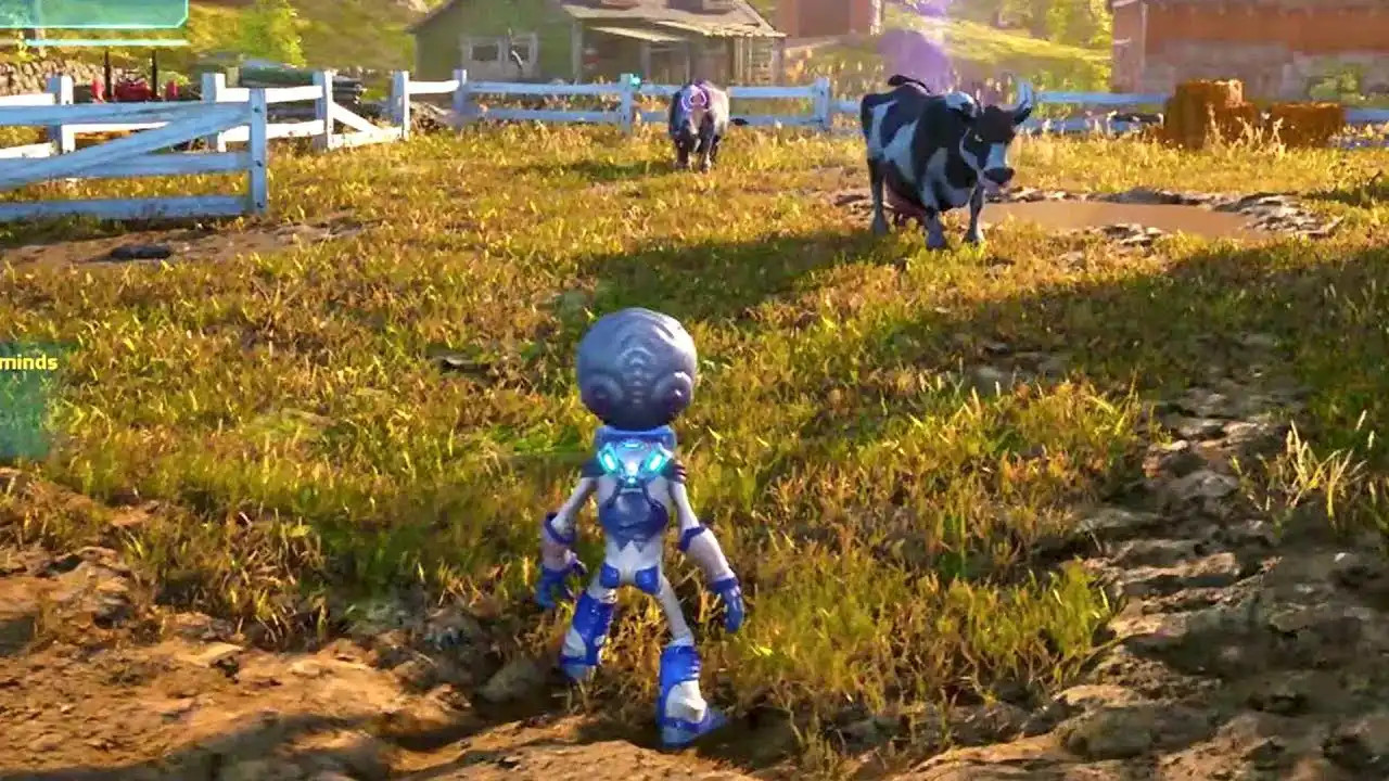 Mimozemšťan a krávy na farmě ve hře Destroy All Humans! Remake