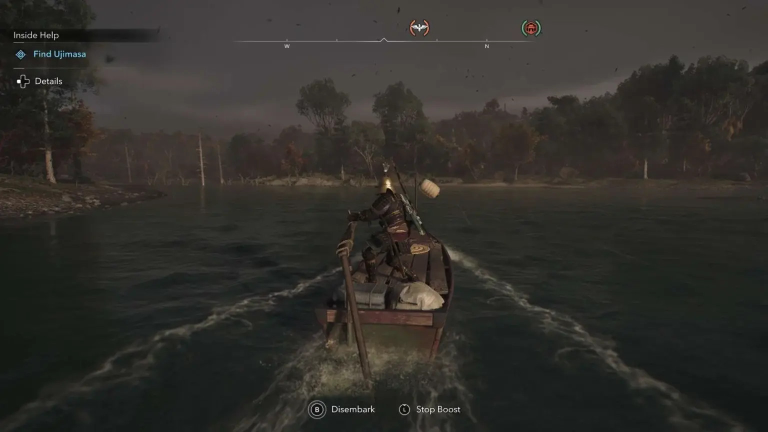 Samuraj pádluje po řece v Assassin’s Creed Shadows